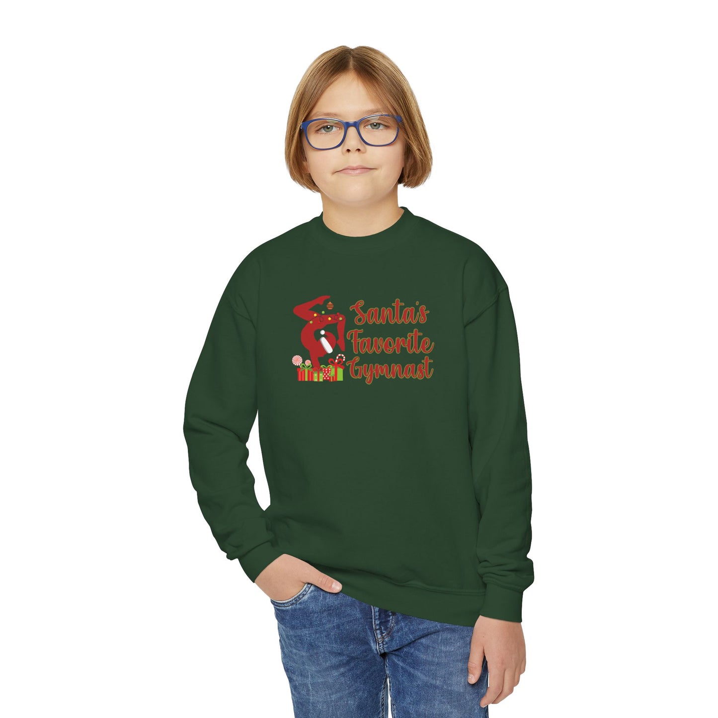 Santas Favorite Gymnast, Youth Crewneck Sweatshirt